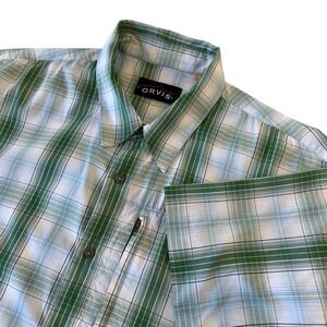 Orvis Mens XL Short Sleeve‎ Plaid Shirt Green Blue Zipper Pocket Gorpcore
